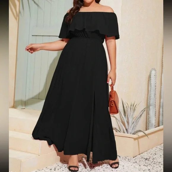Plus size black off shoulder slit thigh Bardot maxi dress